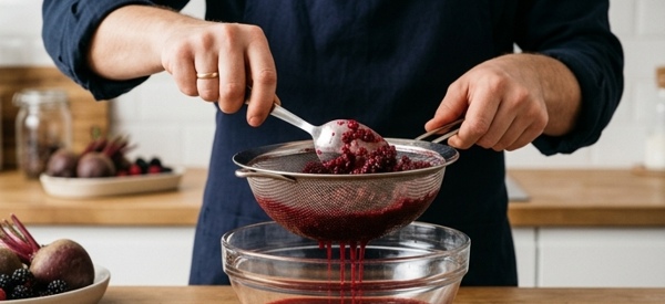 Pouring deep red beetroot juice into a glass showing smooth texture Pouring deep red beetroot juice into a glass showing smooth texture