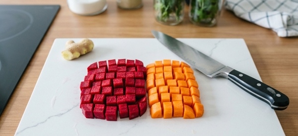 Chopped red beetroots and orange carrots on a white modern cutting board Chopped red beetroots and orange carrots on a white modern cutting board