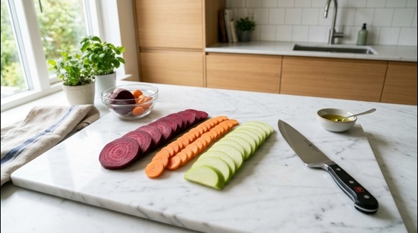 Chopped beetroots, carrots, and apples on a clean white countertop