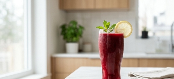 Fresh vibrant red beetroot juice in a tall glass garnished with mint on a marble counter Fresh vibrant red beetroot juice in a tall glass garnished with mint on a marble counter
