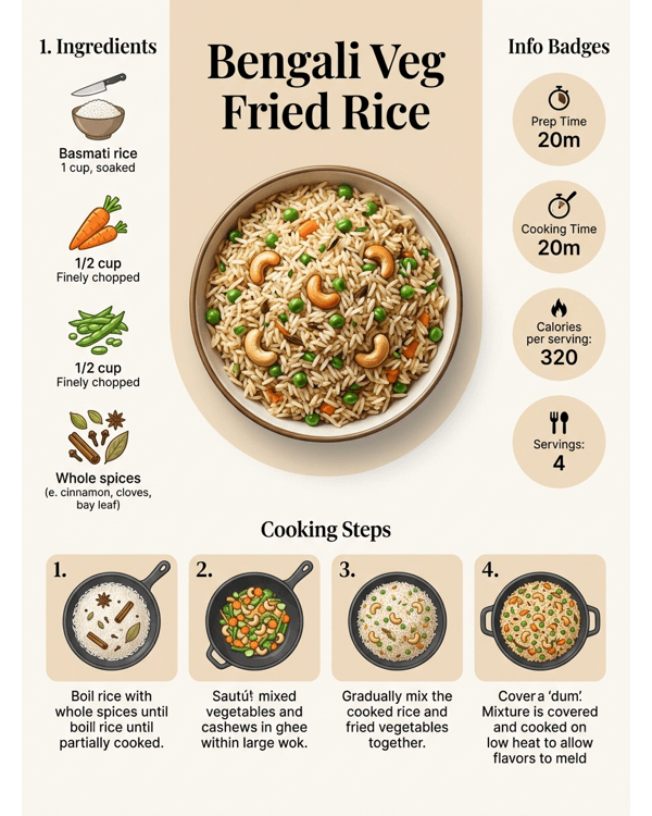 Authentic Bengali Veg Fried Rice garnished with cashews and raisins on a white plate Authentic Bengali Veg Fried Rice garnished with cashews and raisins on a white plate