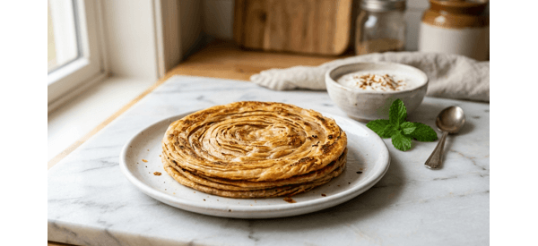 Crispy and golden layered Laccha Paratha served on a modern white plate Crispy and golden layered Laccha Paratha served on a modern white plate