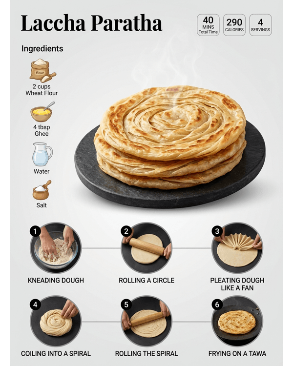 Crispy and golden layered Laccha Paratha served on a modern white plate Crispy and golden layered Laccha Paratha served on a modern white plate