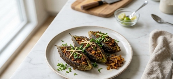 A plate of stuffed Bharva Karela garnished with fresh coriander and ginger juliennes