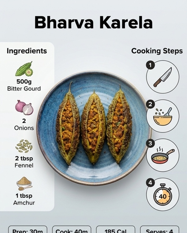 A plate of stuffed Bharva Karela garnished with fresh coriander and ginger juliennes