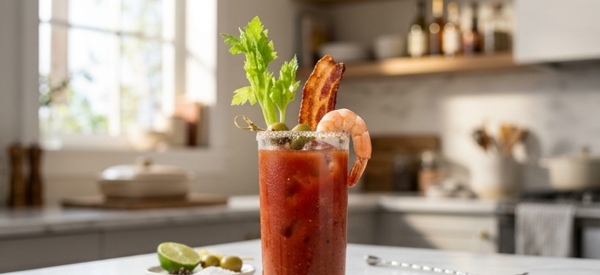 A tall glass of Bloody Mary garnished with celery and bacon on a marble counter