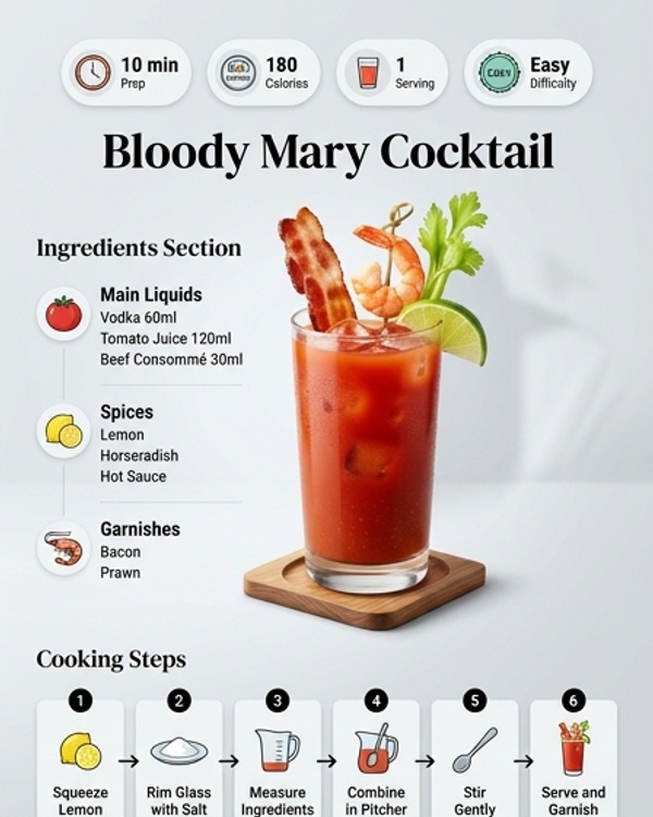 A tall glass of Bloody Mary garnished with celery and bacon on a marble counter