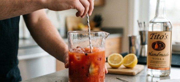 The finished Bloody Mary cocktail with elaborate non-veg garnishes