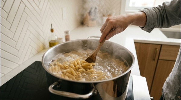 Penne pasta boiling in a large stainless steel pot with salted water