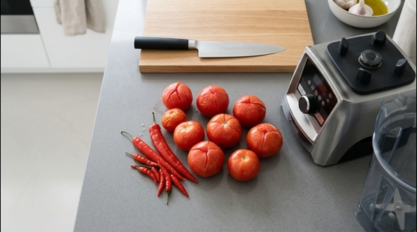 Boiling red tomatoes and dried chilies in a stainless steel pot