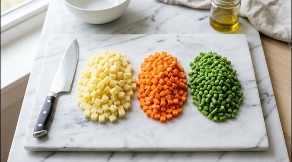 Diced potatoes and carrots boiling in a modern stainless steel pot