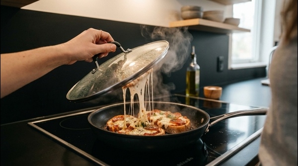 A platter of hot bread pizzas with melted cheese and vibrant vegetable toppings