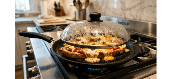 Golden crispy bread pizza served on a white plate with fresh basil