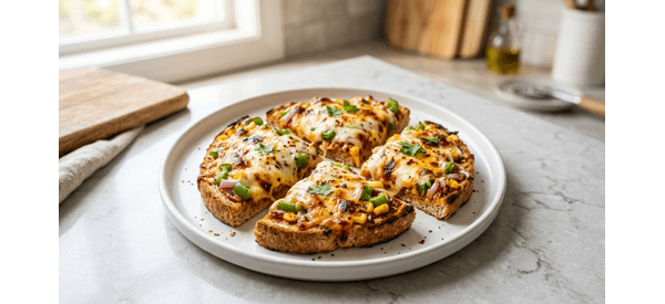 Crispy Indian restaurant style bread pizza with melted cheese and fresh vegetables Crispy Indian restaurant style bread pizza with melted cheese and fresh vegetables