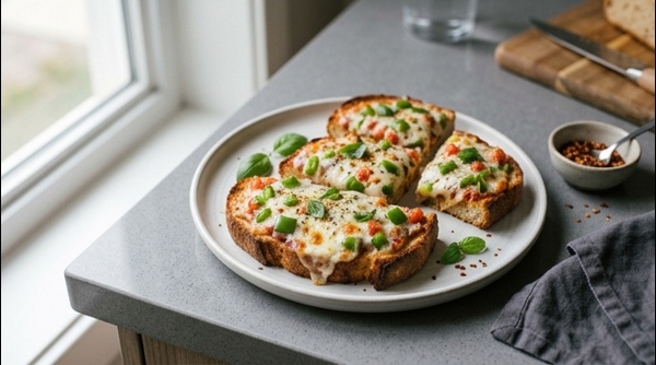 Delicious golden brown Bread Pizza topped with melted cheese and fresh vegetables