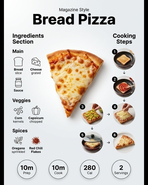 Delicious golden brown Bread Pizza topped with melted cheese and fresh vegetables