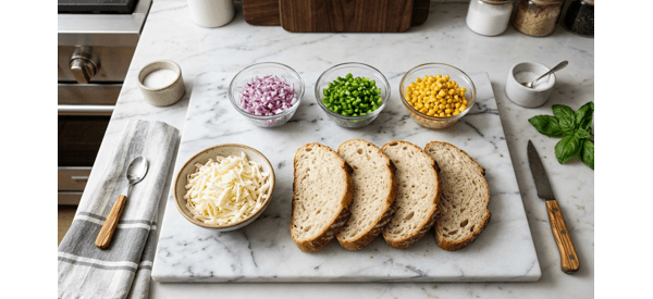 Chopped vegetables and bread slices arranged on a modern marble countertop