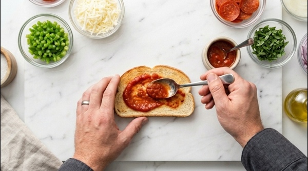 Spreading red pizza sauce onto a slice of toasted white bread