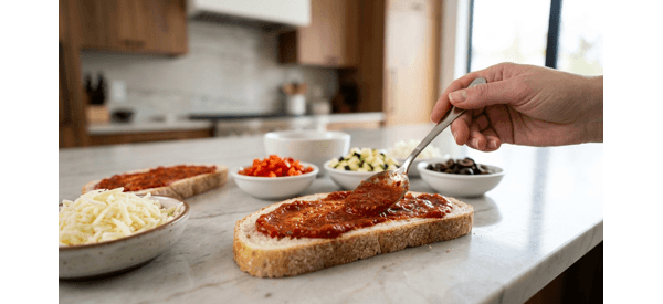 Adding colorful vegetable toppings and cheese to the toasted bread slices Adding colorful vegetable toppings and cheese to the toasted bread slices