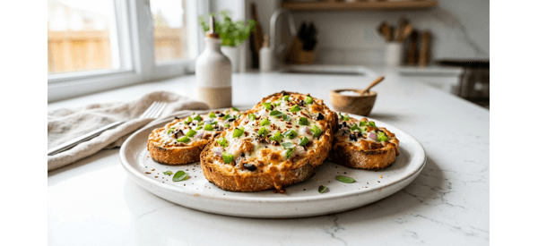 A platter of crispy veg bread pizza with melted cheese and fresh herbs