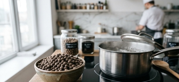 Tapioca pearls boiling in a pot of water on a modern stove