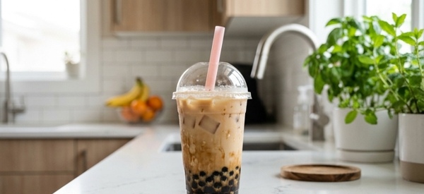 A refreshing glass of homemade bubble tea with brown sugar pearls and ice