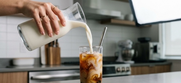 Pouring fresh milk into a glass of black tea and pearls