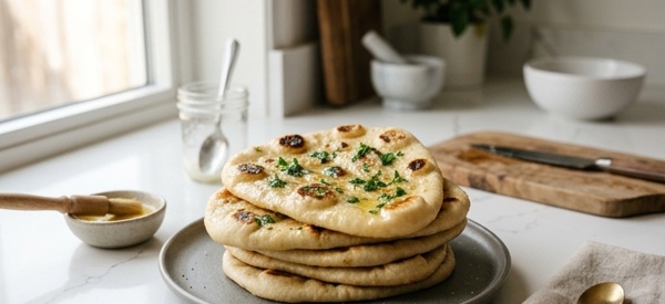 Soft tandoor style butter naan brushed with melted butter and fresh coriander Soft tandoor style butter naan brushed with melted butter and fresh coriander