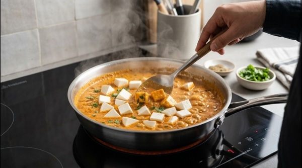 Finished Butter Paneer in a modern bowl garnished with cream swirls