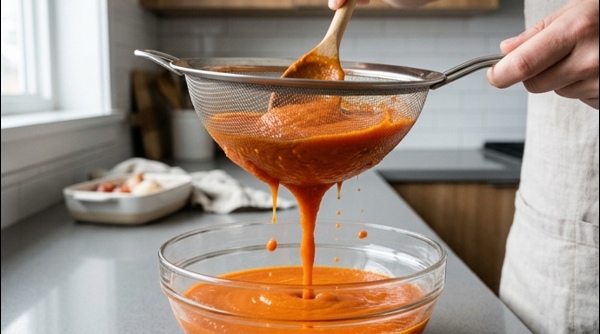 Straining smooth tomato puree through a sieve into a glass bowl