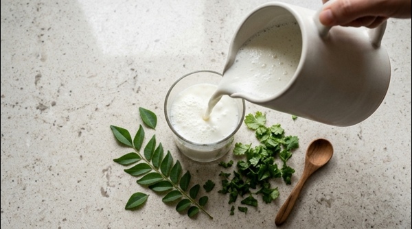 Pouring frothy buttermilk into a tall glass with herb garnishes Pouring frothy buttermilk into a tall glass with herb garnishes