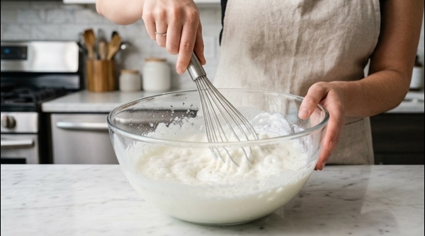 Whisking fresh yogurt and chilled water in a large glass bowl Whisking fresh yogurt and chilled water in a large glass bowl
