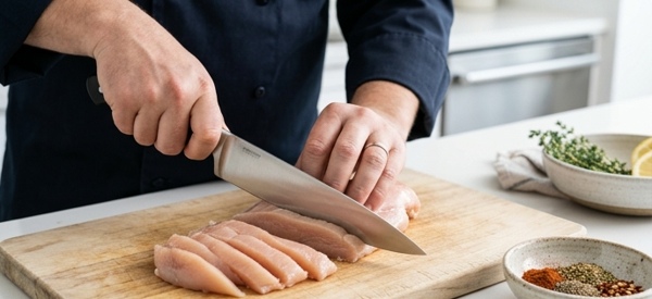 Slicing fresh chicken breast on a clean kitchen counter