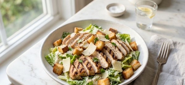 A fresh Caesar salad served in a white bowl with grilled chicken and parmesan