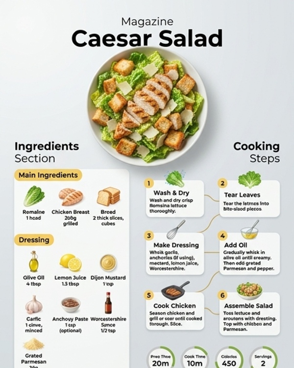 A fresh Caesar salad served in a white bowl with grilled chicken and parmesan