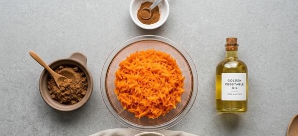 A glass bowl filled with finely grated orange carrots and baking ingredients A glass bowl filled with finely grated orange carrots and baking ingredients