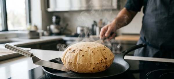 A chapati puffing up perfectly on a modern black non-stick pan