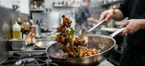 The finished restaurant style chicken chilli served in a modern bowl