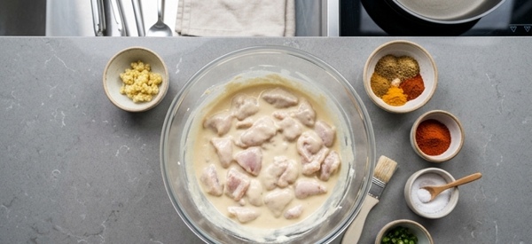 Marinated chicken pieces coated in flour and spices ready for frying