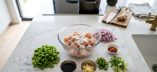 Cubed chicken being marinated with cornflour and spices in a glass bowl