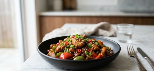 A vibrant plate of crispy Chicken Chilli garnished with fresh spring onions and sesame seeds