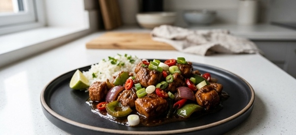 A glossy plate of restaurant style chicken chilli garnished with fresh spring onions