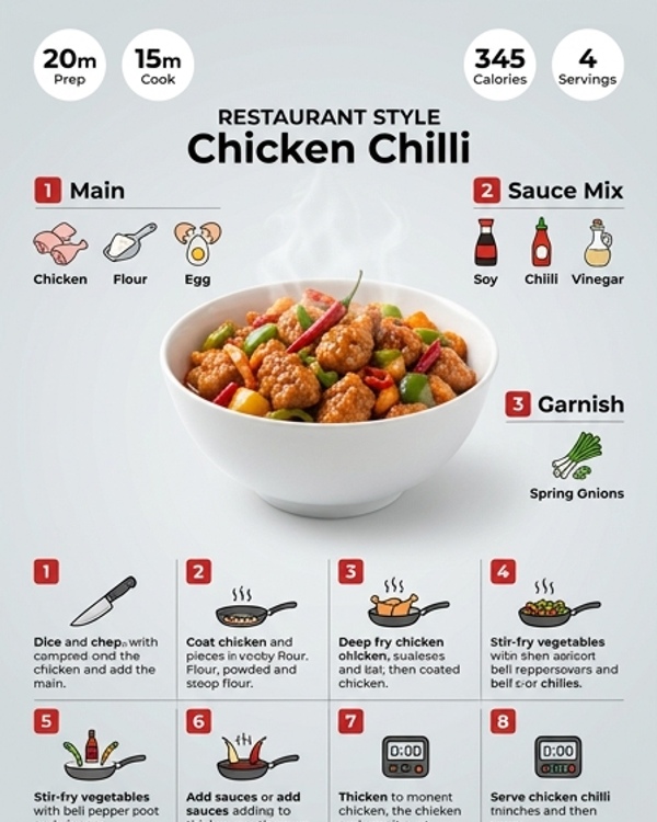 A glossy plate of restaurant style chicken chilli garnished with fresh spring onions