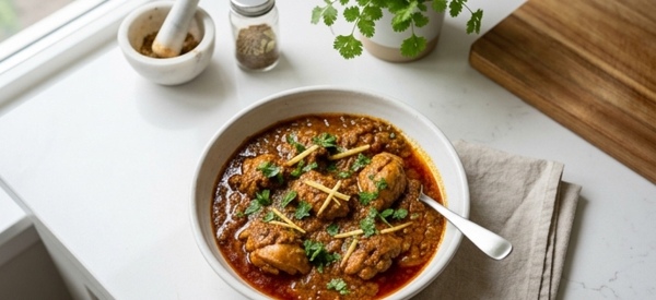 A steaming bowl of spicy home style chicken masala garnished with fresh cilantro A steaming bowl of spicy home style chicken masala garnished with fresh cilantro