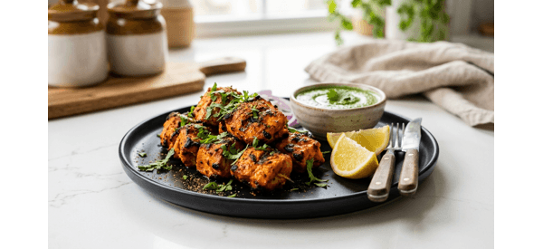 A platter of smoky charred chicken tikka with lemon wedges and mint chutney A platter of smoky charred chicken tikka with lemon wedges and mint chutney