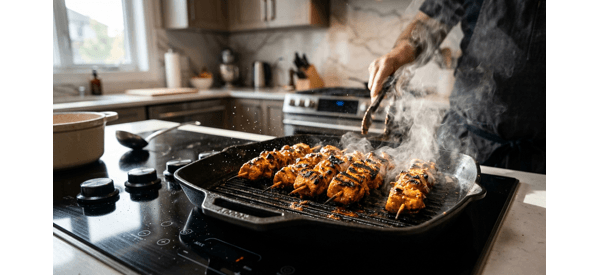 Chicken skewers searing on a hot grill pan with visible char marks Chicken skewers searing on a hot grill pan with visible char marks
