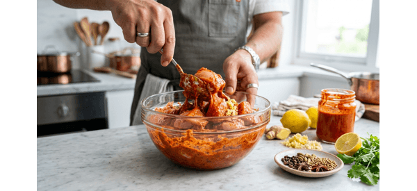 Chicken pieces coated in a vibrant red spice and yogurt marinade Chicken pieces coated in a vibrant red spice and yogurt marinade