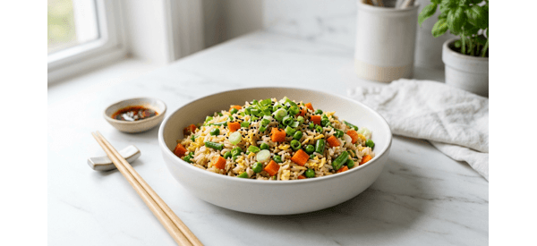 A professional plate of Chinese Style Veg Fried Rice garnished with spring onions
