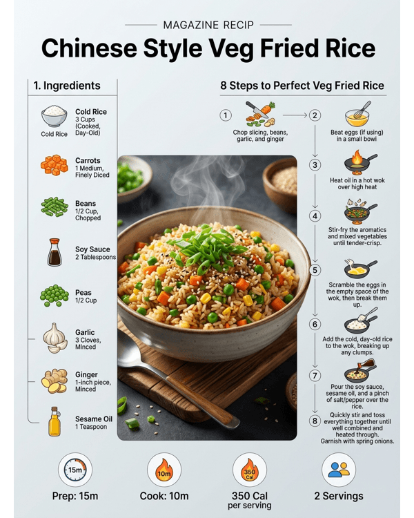 A professional plate of Chinese Style Veg Fried Rice garnished with spring onions
