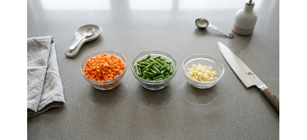 Various chopped vegetables like carrots, beans, and peppers in glass bowls